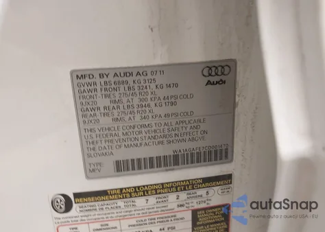 2012 Audi Q7 3.0T S Line Prestige из США, поврежденный, VIN WA1AGAFE7CD001470